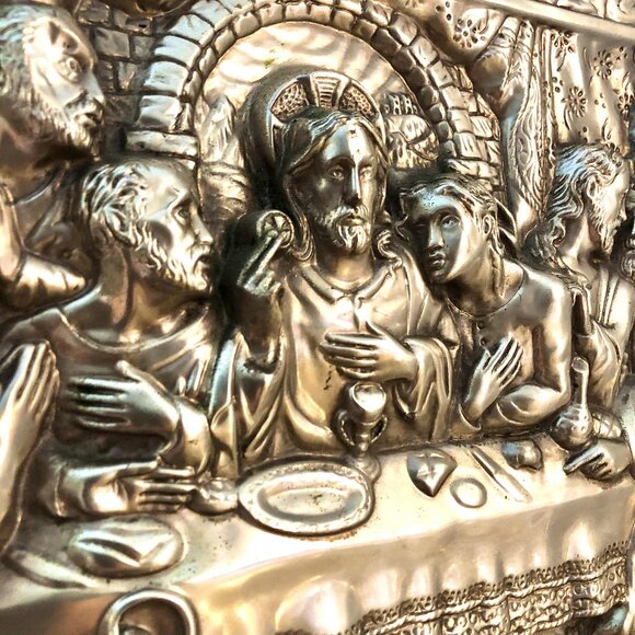 M.REGISTRADO Antique Framed Silver Repousse Relief Art Sculpture Last Supper 21" - Picture 5 of 10